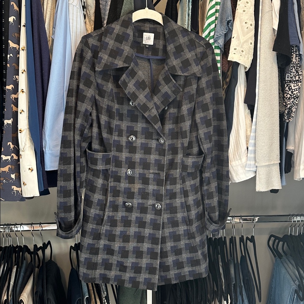 CABI Navy and Black Checkered peacoat (3319 Plaid “Car Coat” Size Small)